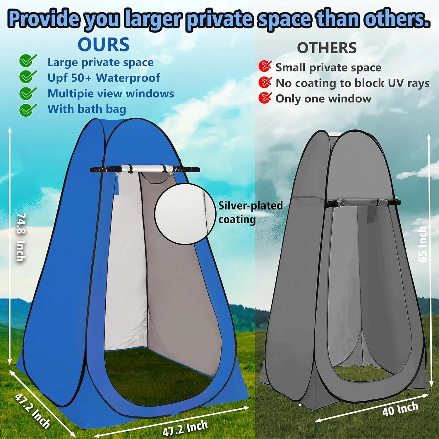 Up Privacy Tent, Outdoor Privacy Shower Tent Portable Changing Room Camping Toilet with Carry Bag, Foldable Privacy Shelter Dressing Room Bathroom Toilet Shower Tent for Camping, Blue
