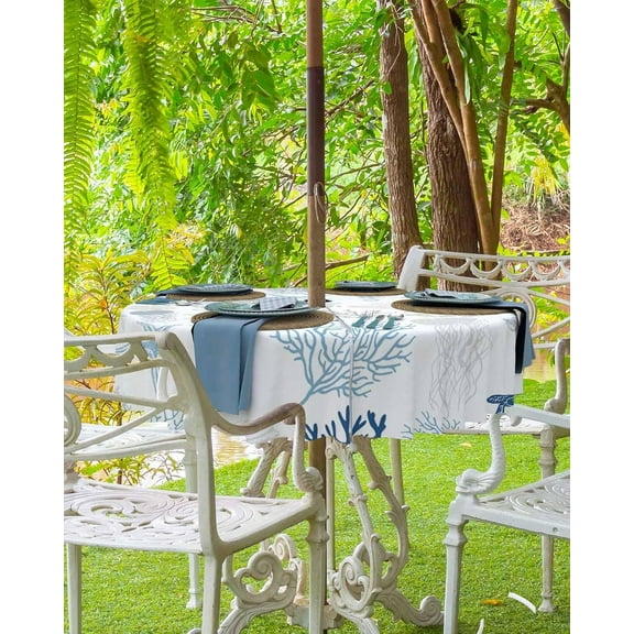 Navy Blue Coastal Outdoor Tablecloth - 60 Inch Round Dining Table Cover, Nautical Summer Beach Coral Sea Turtle Waterproof Outdoor Table Cloth with Umbrella Hole & Zipper for Picnic/Patio