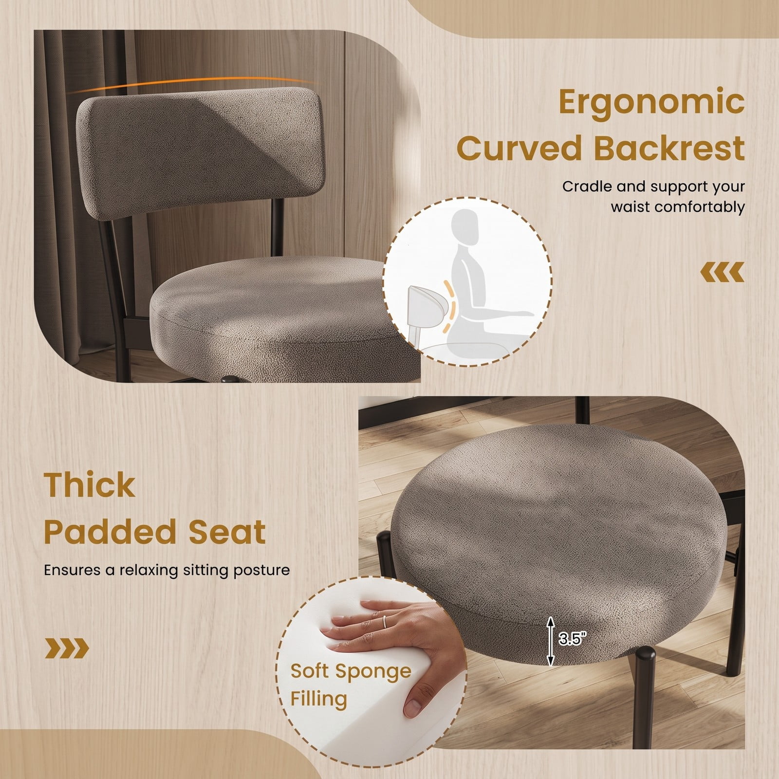 Furnibear Dining Chair Set of 2, Upholstered Sherpa Fabric Kitchen Chairs with Curved Backrest, Padded Seat and Metal Legs for Dining Room, Cafe, Restaurant, Gray