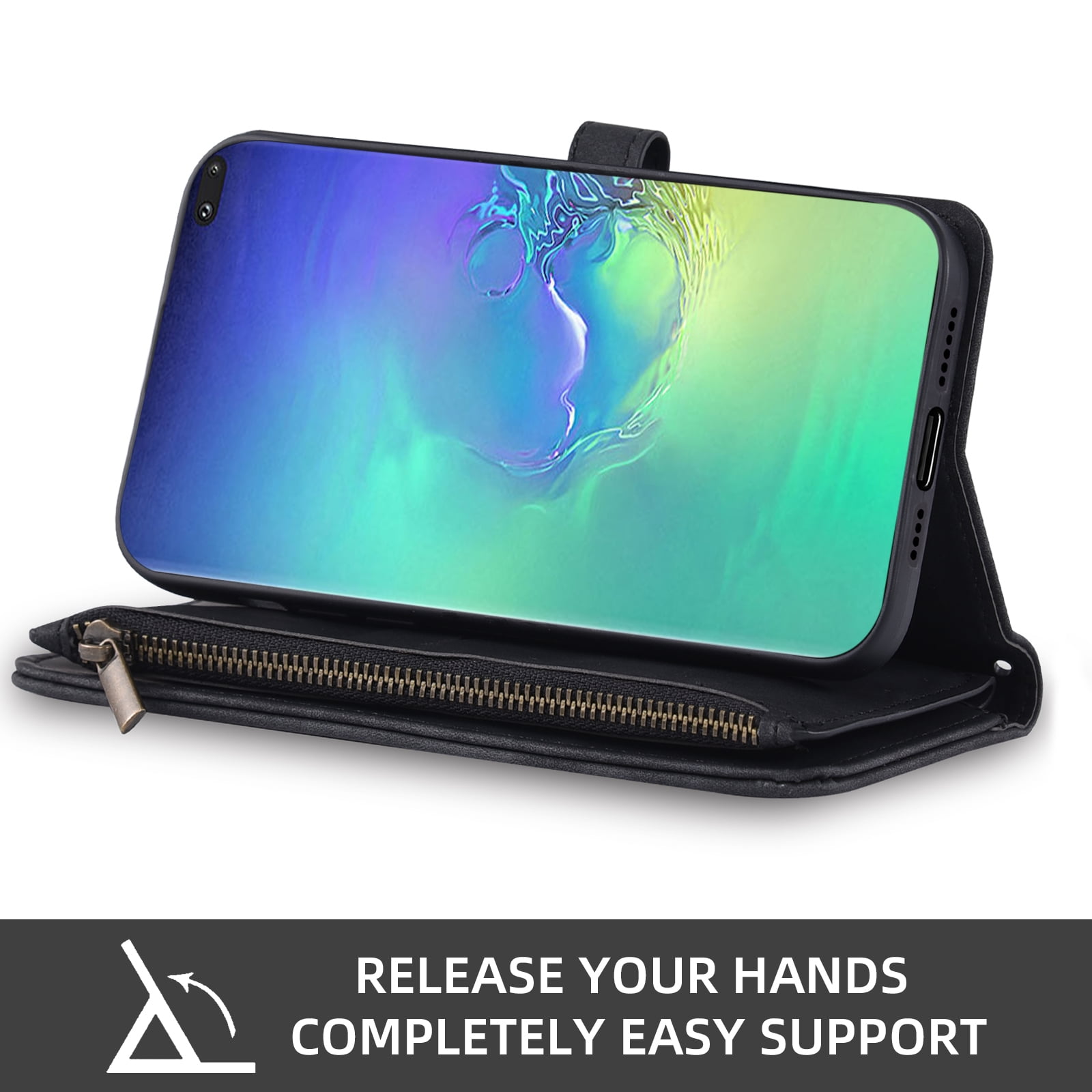 Asuwish Phone Case for Samsung Galaxy S10 Plus Wallet Cover With Tempered Glass Screen Protector Crossbody Wrist Strap Flip Pattern Zipper Card Holder Cell S10+ S10plus 10S Edge S 10 10plus Men Black