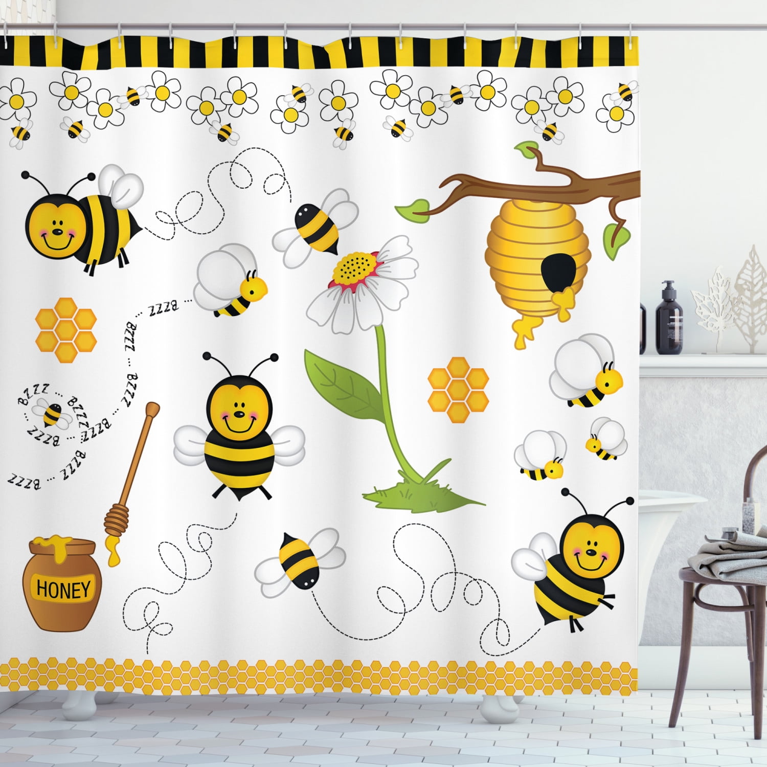 Honeycomb and bees Shower Curtain Bedroom Decor Waterproof Fabric & 12 Hooks 