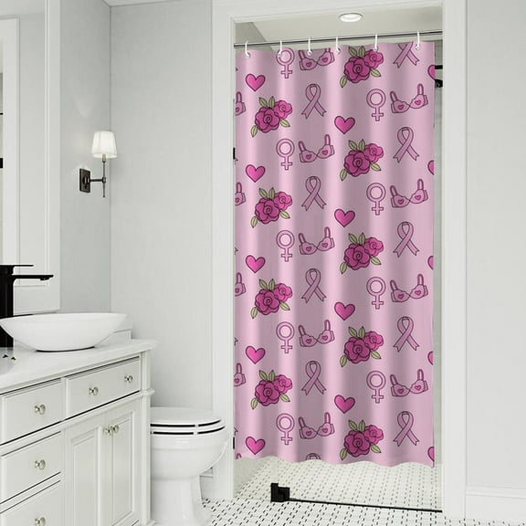 Pink Breast Cancer and Pioneer Flower Shower Curtain 36"x72" ,Bathroom Decorative Shower Curtains Set with 12 Hooks,Modern Waterproof Washable Shower Curtain