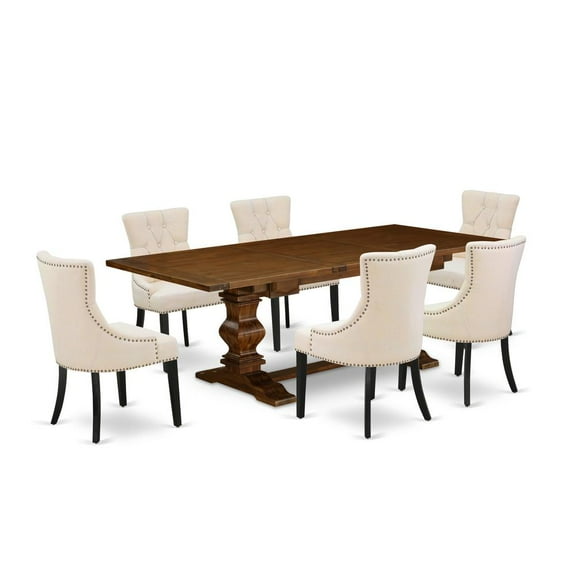 East West Furniture 7-pc dining table set with Chair’s Legs and Light Beige Linen Fabric