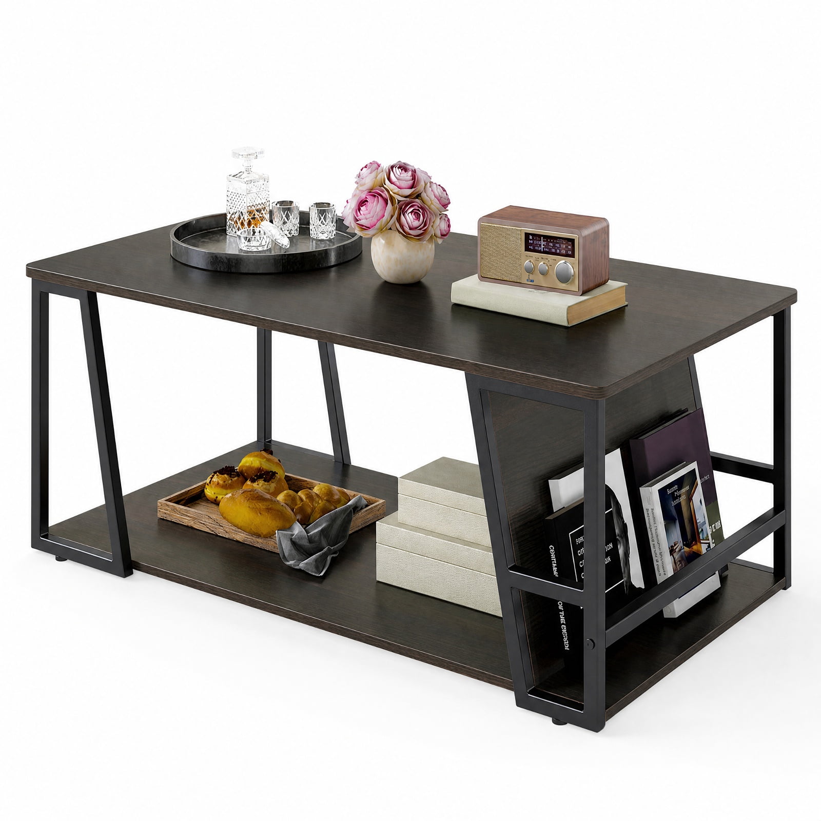Furnibear Rectangle Industrial Coffee Table 2 Tier Accent Table with Storage Shelf and Side Compartment for Living Room, Brown