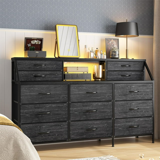Cómoda para Dormitorio con 13 cajones, cómoda Larga con Parte Superior de Madera y cómodas, cómoda Grande para Dormitorio, Estructura de Metal Resistente (Negro)