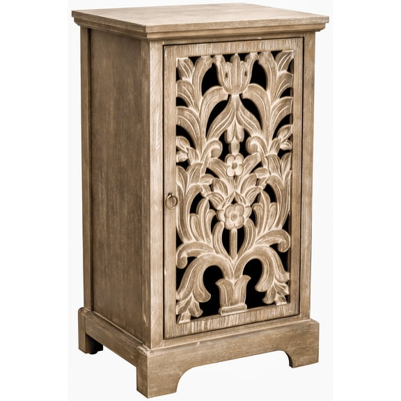 eHemco Vintage Hollow Carved Door End Table, 18 x 14 x 30.5 Inches, Storage Cabinet with Decorative Panel, Indoor Living Room Side Table, Natural
