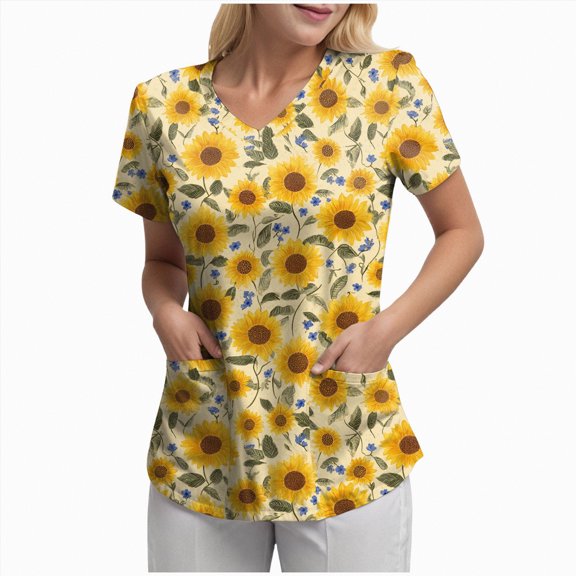 mgoYE Butterfly-Printed Scrub Tops for Women Stretchy Short Sleeve V-neck Cute Nurse Working Uniforms with 2 Pockets(Yellow,2XL)