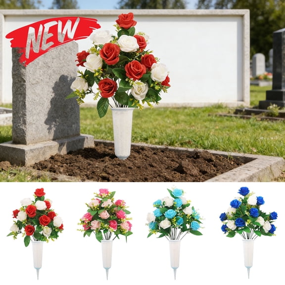 Memorial Day Flowers for Cemetery, Outdoor Grave Decorations Bouquet with Cemetery Vase, Artificial Cemetery Flowers for Grave, Memorial Flowers for Gravesite, Weather Resistant