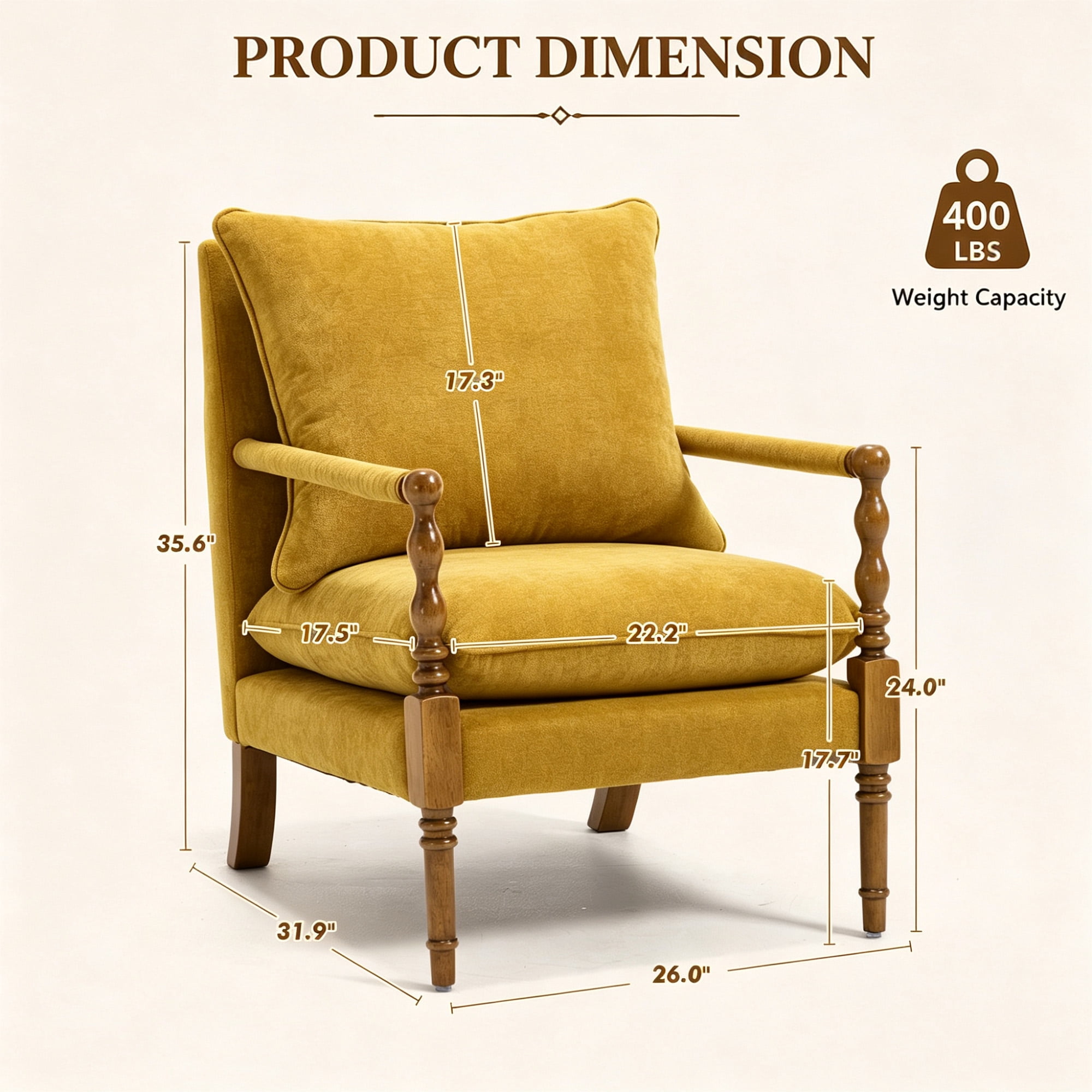 Mid-Century Modern Spindle Armchair,Linen Accent Chair with Cushion & Wood Frame for Living Room Bedroom Office,Yellow