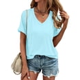thumbnail image 3 of Liher T Shirts for Women V Neck Summer Tops Roll Short Sleeve Loose Tee Casual Plain Solid Color Basic Tee Shirts Sky Blue XL, 3 of 6