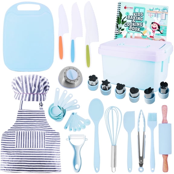 JoyTown Kids Cooking and Baking Set with Storage Case –Real Cooking Supplies with Cookbook, Knives,Timer, Kids Baking kit for Girls & Boys –Complete Utensils Accessories with Chef Apron & Hat