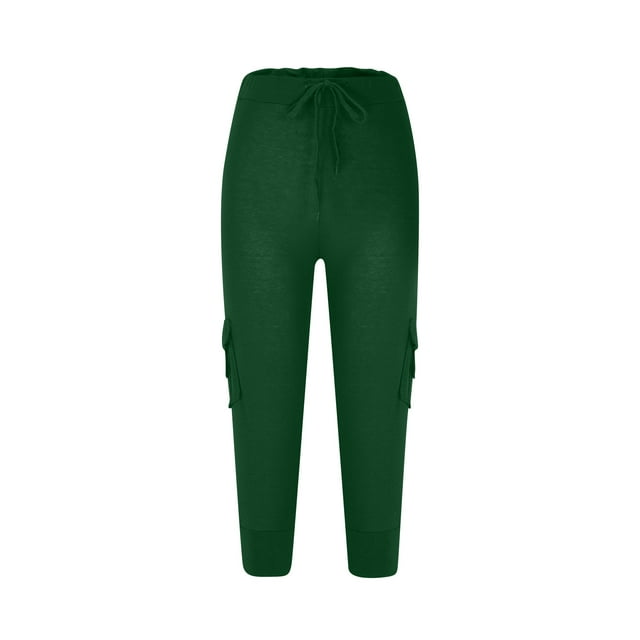 AherBiu Plus Size Cargo Capris for Women Loose Comfy Baggy High Waisted Drawstring Cropped Pants with Pockets