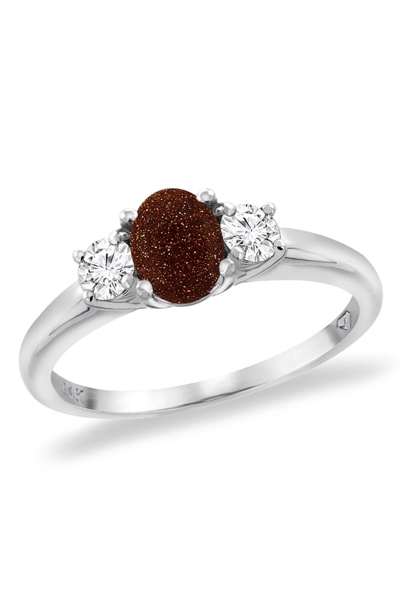 14K White Gold Natural Goldstone Engagement Ring Diamond Accents Oval 7x5 mm, size 5