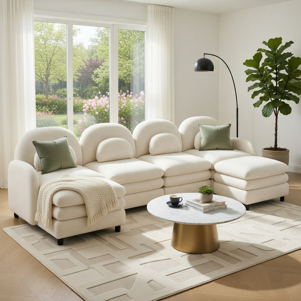 Hommoo Teddy Fleece 4-Seat Modular Sectional Sofa with Curved Backrest, Cloud-Like Double-Layer Cushions & 2 Movable Ottomans, Beige
