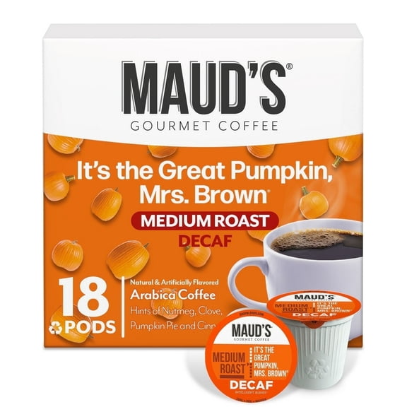 Maud's Decaf Pumpkin Spice Flavored Coffee Pods, 18 ct, Medium Roast Flavored Coffee in Recyclable Single Serve Pods – 100% Arabica Beans, Compatible with Keurig K Cups Maker
