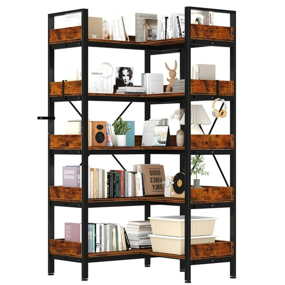 Industrial Wooden Metal L-Shaped Corner Bookshelf Fits Any Corner, 65 Inch 5-Tier Reversible Open Shelving Unit with 4 Hanging Hooks & Adjustable Anti-Scratch Feet, Multi-Functional Book Storage