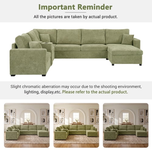134" U-Shape Modular Sectional Sofa, 5-Seat Couch with Chaise Lounge, Deep Seat, Built-In Cup Holders, Storage Drawer and Pillows, Green