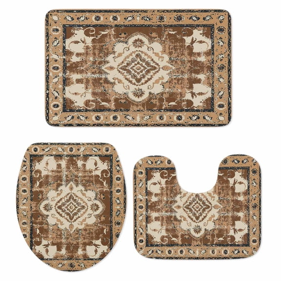Brown Boho Bath Mat 3 Piece Bathroom Rug Set, Retro Western Rustic Ethnic Tribal Patterns Non Slip Bath Rug Contour Mat and Toilet Lid Cover, Absorbent Shower Mats Soft Bath Rugs and Mats Sets