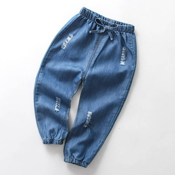 MKOSPLRT Jeans Déchirés pour Petite Fille Taille Élastique Jenas Rétro Couleur Unie Pantalon de Détente en Denim Ample Bas Resserré Jeans avec Poche Liquidation