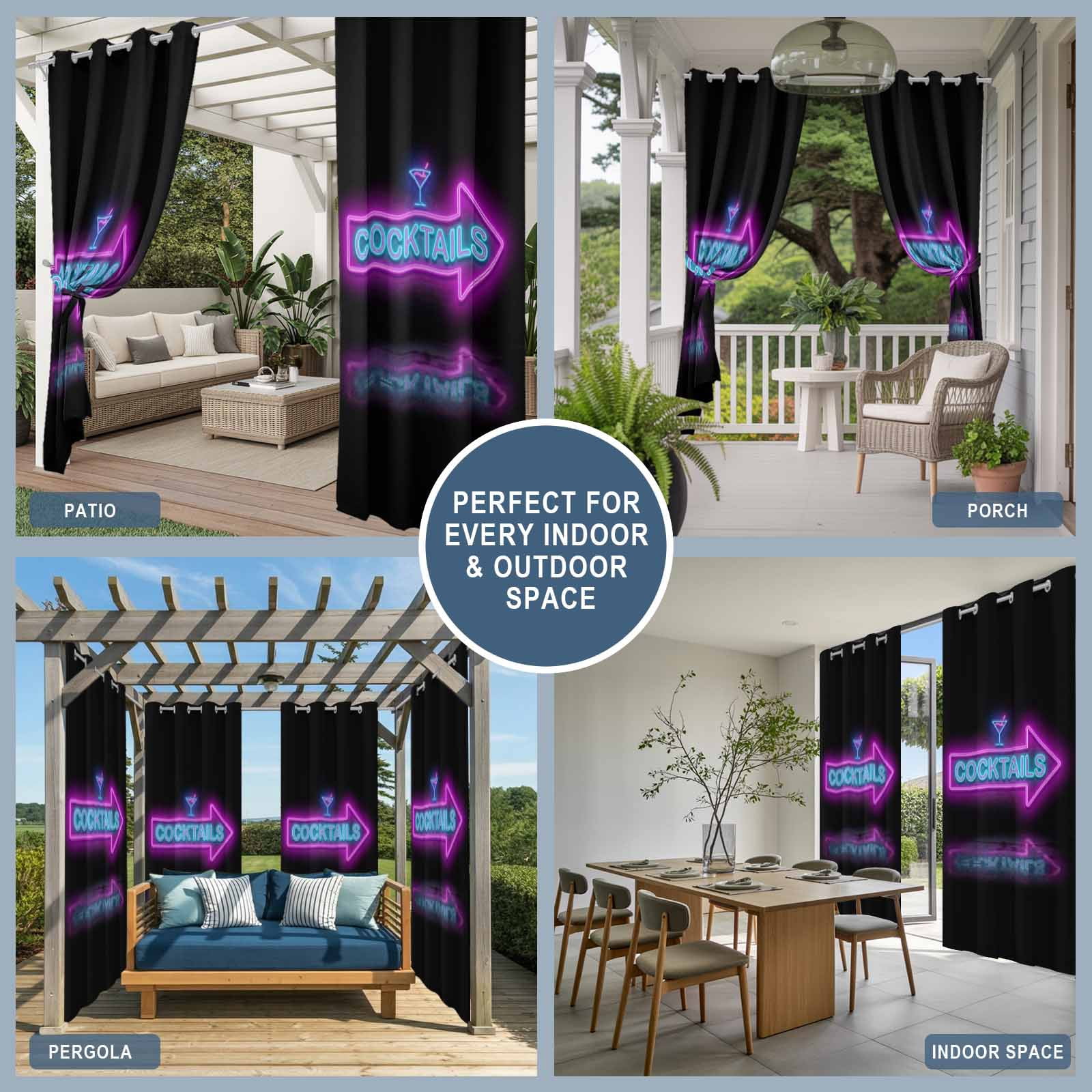 Cocktails Neon Arrow Outdoor Curtains for Patio, Modern Bar Style Blue Purple Cocktails Sign Sunshade Privacy Drapes Grommet Waterproof Outside Curtains for Porch/Cabana/Balcony 54"x 108", 1 Panel
