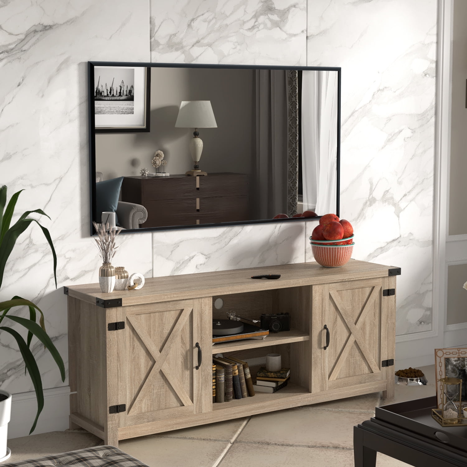Furmax Barn Door TV Stand Media Console Center Industrial Style for TVs up to 65", Rustic Wood