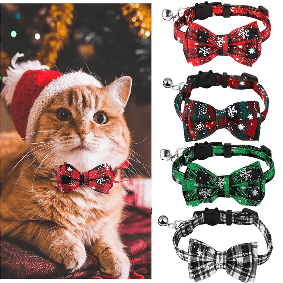 4 pcs Christmas Cat Collar, Breakaway Cat Collars with Movable Bowtie, Holiday Festive Plaid Design with Safety Buckle and Bell for Kitten Cats and Small Dogs