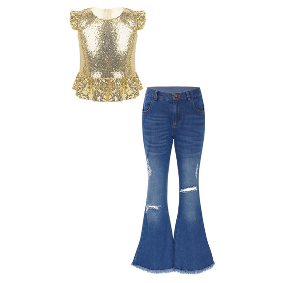 dPois Kids Girls Clothes Sequins Mermaid Flutter Sleeve Shirt Top with Flare Leg Jeans Pants Set 2Pcs Gold 14