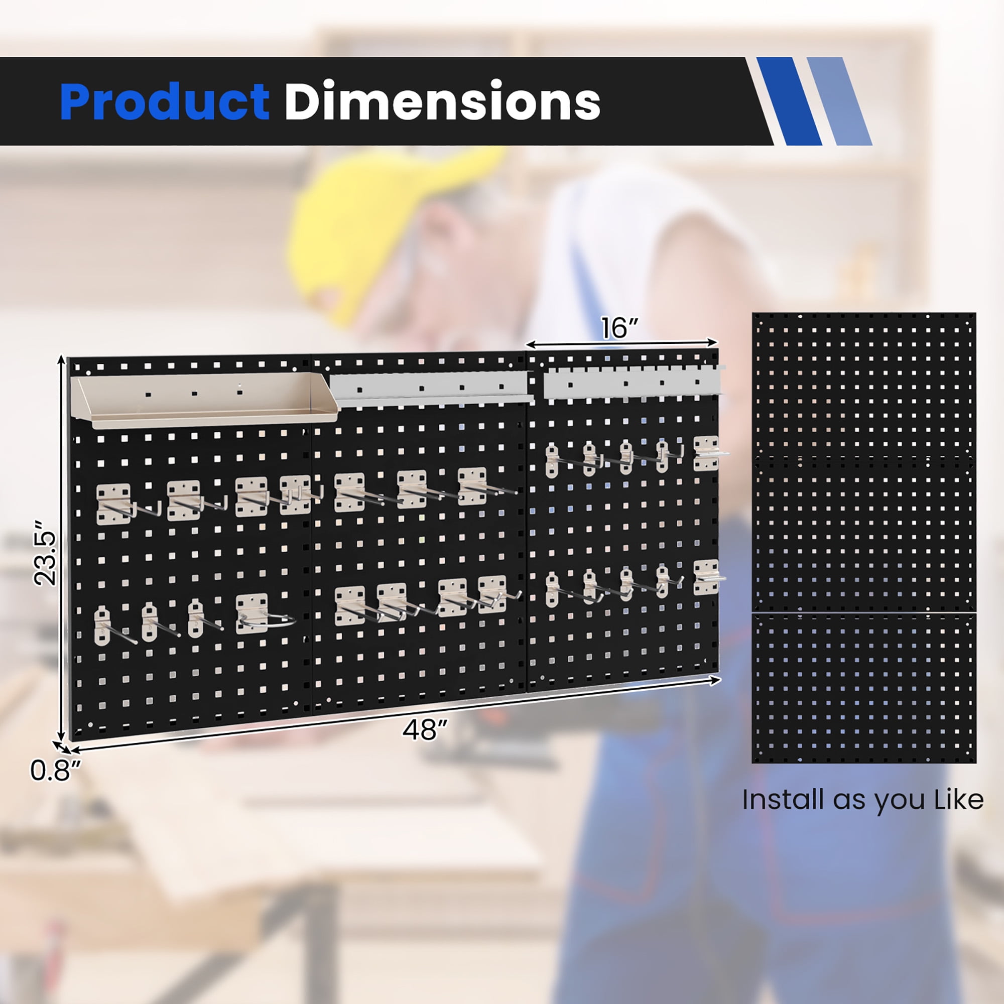Gymax 3 Pcs Pegboard Wall Organizer w/ 25 Hooks Drill Bit Holder Screwdriver Holder Black