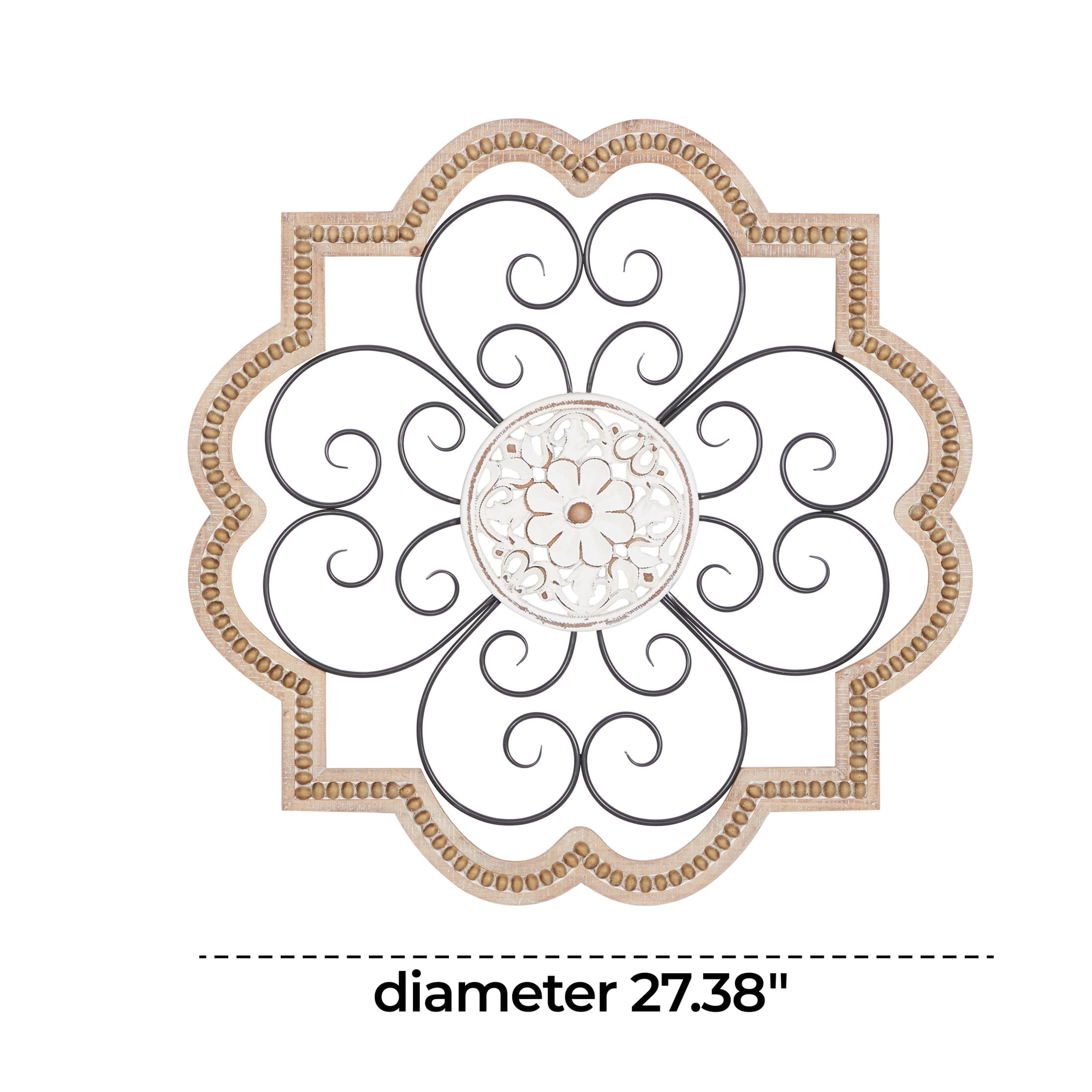 DecMode Brown Wooden Carved Beading Scroll Wall Decor with Metal Accents