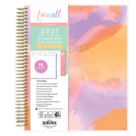 LiveWell® for Blue Sky Monthly Weekly Planner, 7" x 9", Colorful Marble 15-Month (October 2026 - December 2027)