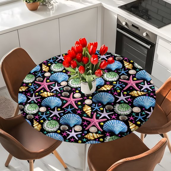 Black Starfish Elastic Fitted Round Tablecloth Ocean Shell Conch Marine Life Waterproof Outdoor Table Cover for Holiday Party, Picnic, Patio & Dining Fits Tables Up to 36"-44"