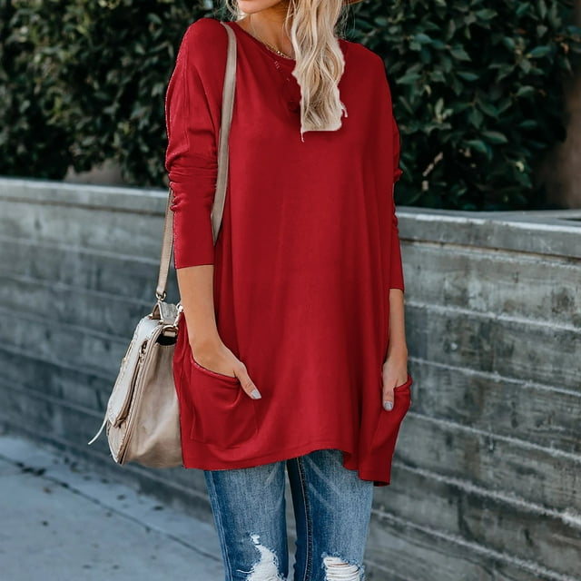 Simua Shirts Chemises pour Femmes avec Poche, Coupe Ample Décontractée, Sweat Confortables Mignons, Manches Longues, Col Rond, Pulls T-Shirts