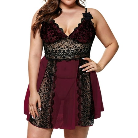 

Ritualay Ladies Chemise Plus Size Nightwear Lace Flowy Lingerie Deep V Neck Women Mini Color Block Backless See Through Wine Red 4XL