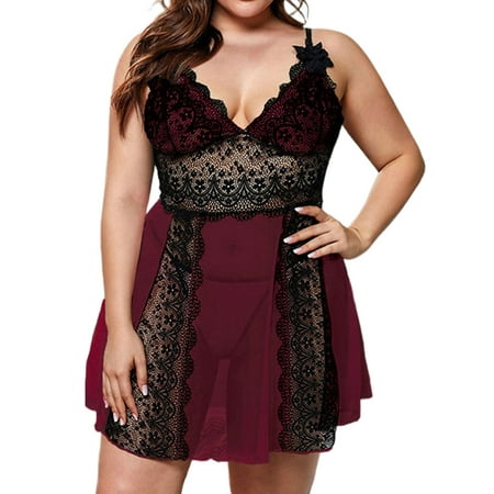 

Grianlook Women Chemise Deep V Neck Nightwear Plus Size Lingerie Boudoir Nighty Sleepwear Flowy Babydoll Wine Red 3XL