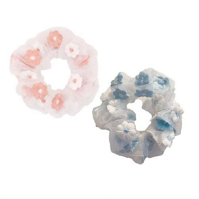 2 gomas para el pelo con flores de tul bordadas, lazo para el pelo vintage para niñas y mujeres (rosa, azul)
