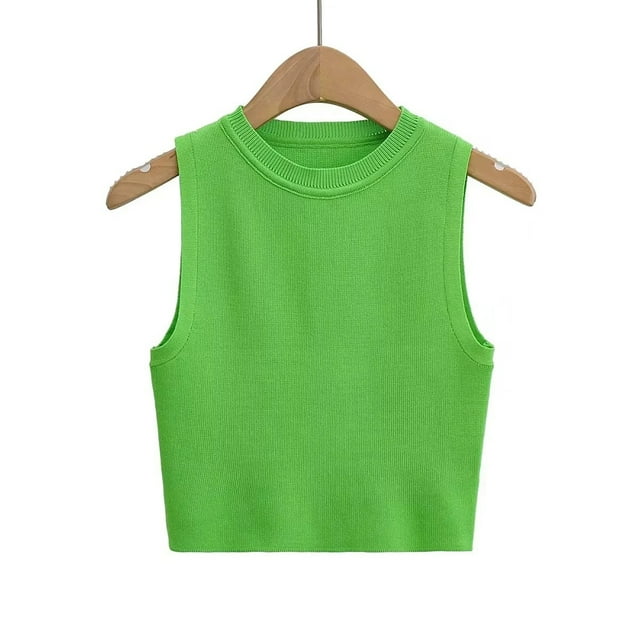 YTDSCS Gilet Chandail pour Femmes Col Rond Tricoté Été Chandail T-Shirt Extensible Couleur Unie Hauts S-L