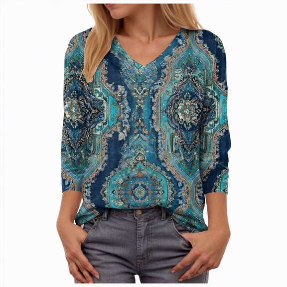 Towmus Womens Blouses Boho Floral Printed 3/4 Sleeve Shirts Business Work Shirt Dressy Casual Loose Tops