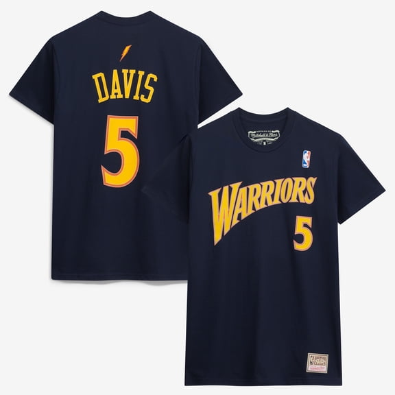 Men's Mitchell & Ness Baron Davis Navy Golden State Warriors Hardwood Classics Stitch Name & Number T-Shirt
