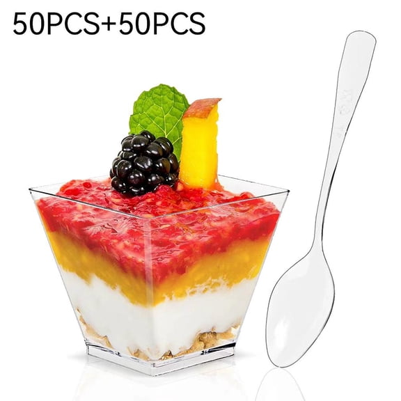 Agiufgs 50 Pack 2 Oz Disposable Cups, Clear Plastic Trapezoidal Design, for Catering Events Parties and Dessert Servings, Multicolor