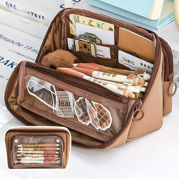 HBBKVI Large Capacity Pencil Case, 9 Compartments Pencil Bag for Office Men Women, Multi-Purpose Stationery Bag with Zipper Coffee