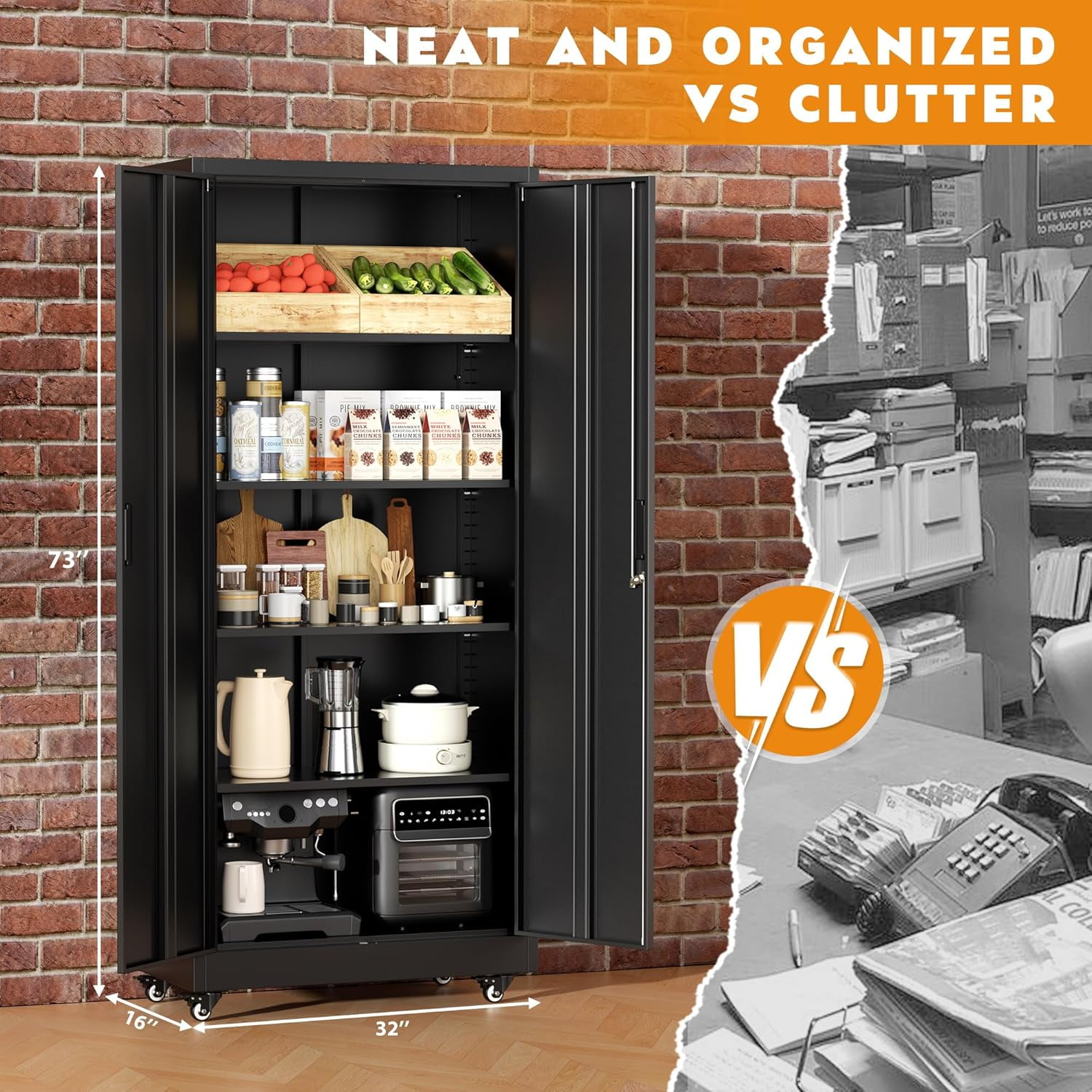SUNCROWN 73" Storage Cabinet with Wheels,BlackMetal Rolling Garage Cabinet with Locking Doors and 4 Adjustable Shelves for Home,Kitchen,Office,Warehouse(32" W x 16" D)