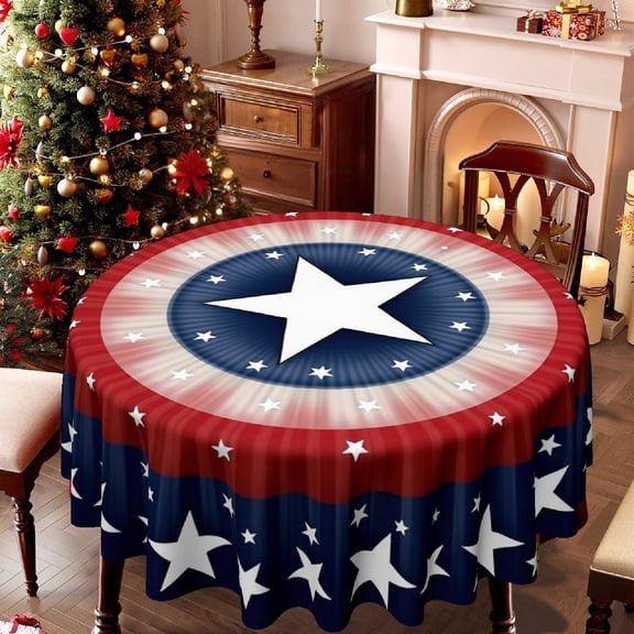 Patriotic Starburst 2D Print Round Tablecloth, 35/49/60/71 Inch, 4th of July American Flag Cover for Kitchen Dining Parties, Memorial Day Independence Day Christmas Gift