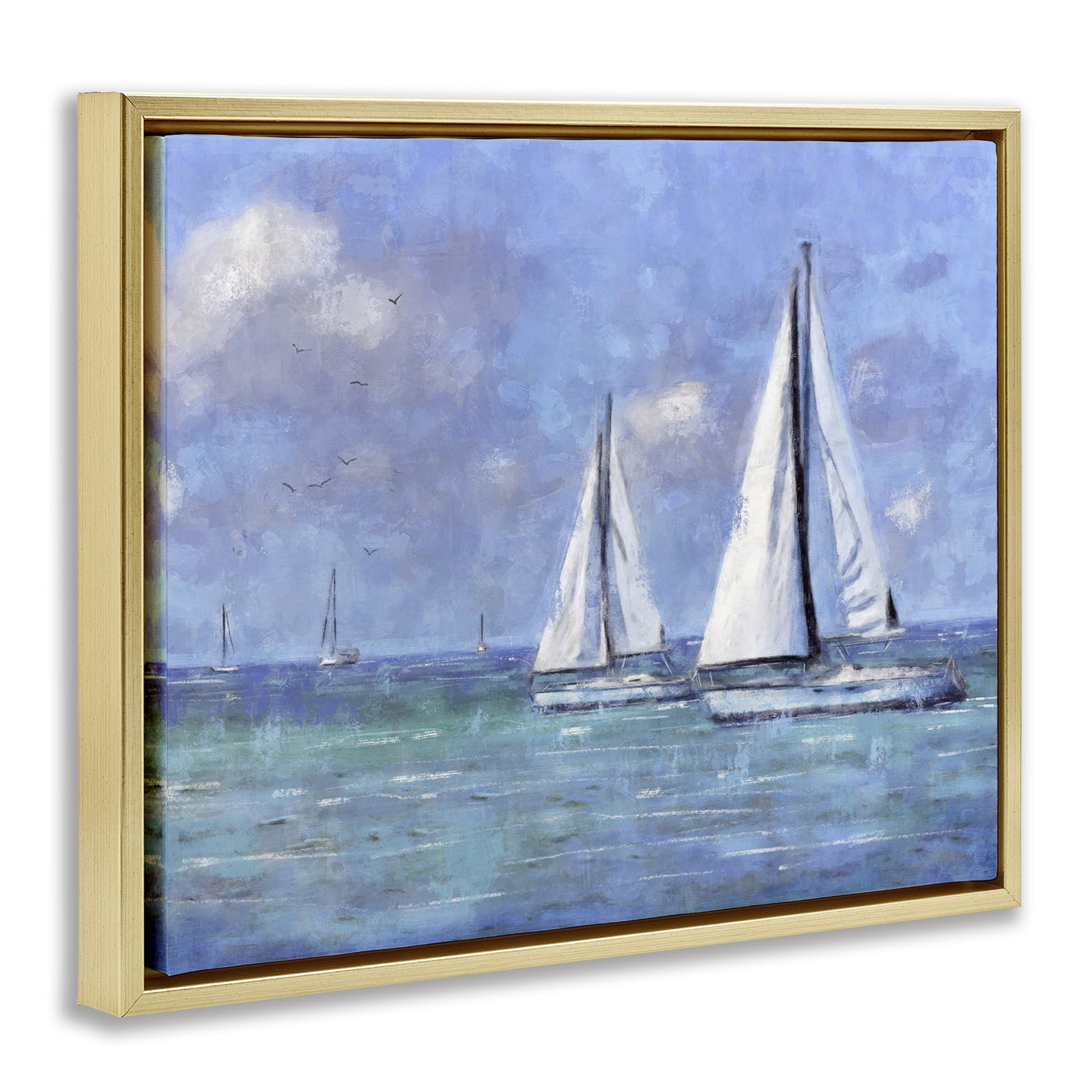 Stupell Industries Sailing Day Sailboats Landscape Painting Gold Floater Framed Canvas Art Print Wall Art, 21 x 17