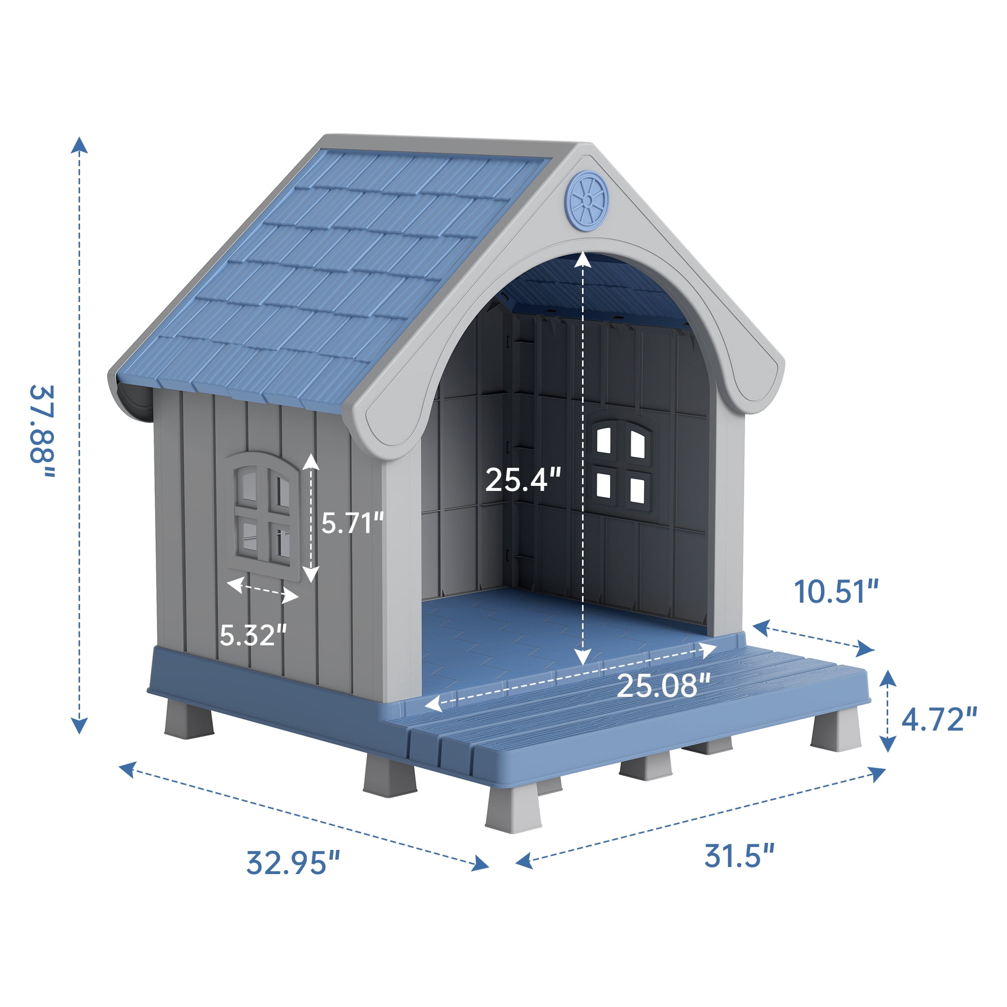 Nihsuao Durable Waterproof Dog House for Small to Medium Dogs, Indoor Outdoor Plastic Kennel with Porch, Sloping Roof & Elevated Floor, Easy Clean, Blue, 32.95"L x 31.5"W x 37.88"H