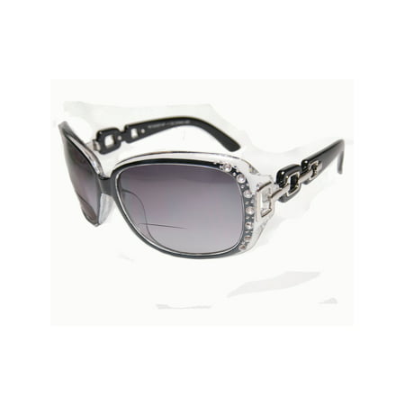 Womens Bifocal Lens Sunglasses Rhinestone Oversized Square Frame Black +1.75