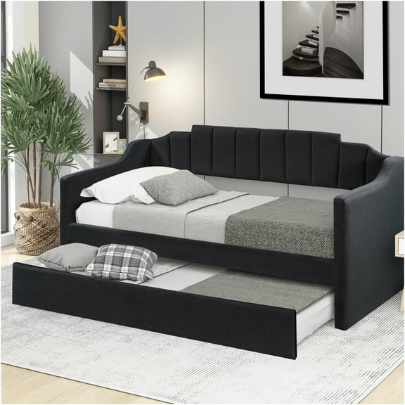 JERFIT Upholstered Twin Daybed with Trundle Black