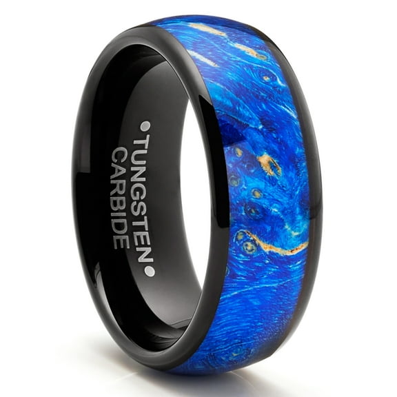 Metal Masters Tungsten Carbide Mens Ring Wedding Band Blue Wood Burl 8mm Comfort-Fit Black