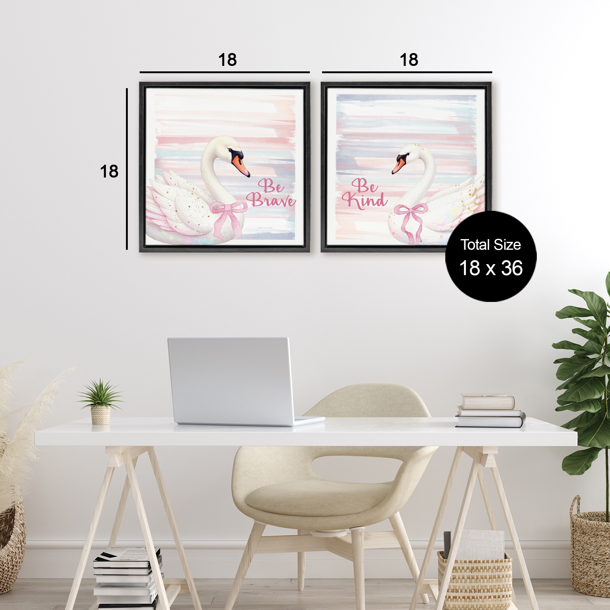 Be Brave & Kind Pastel Swan 2 Piece Black Framed Floater Canvas Set, design by Kim Allen