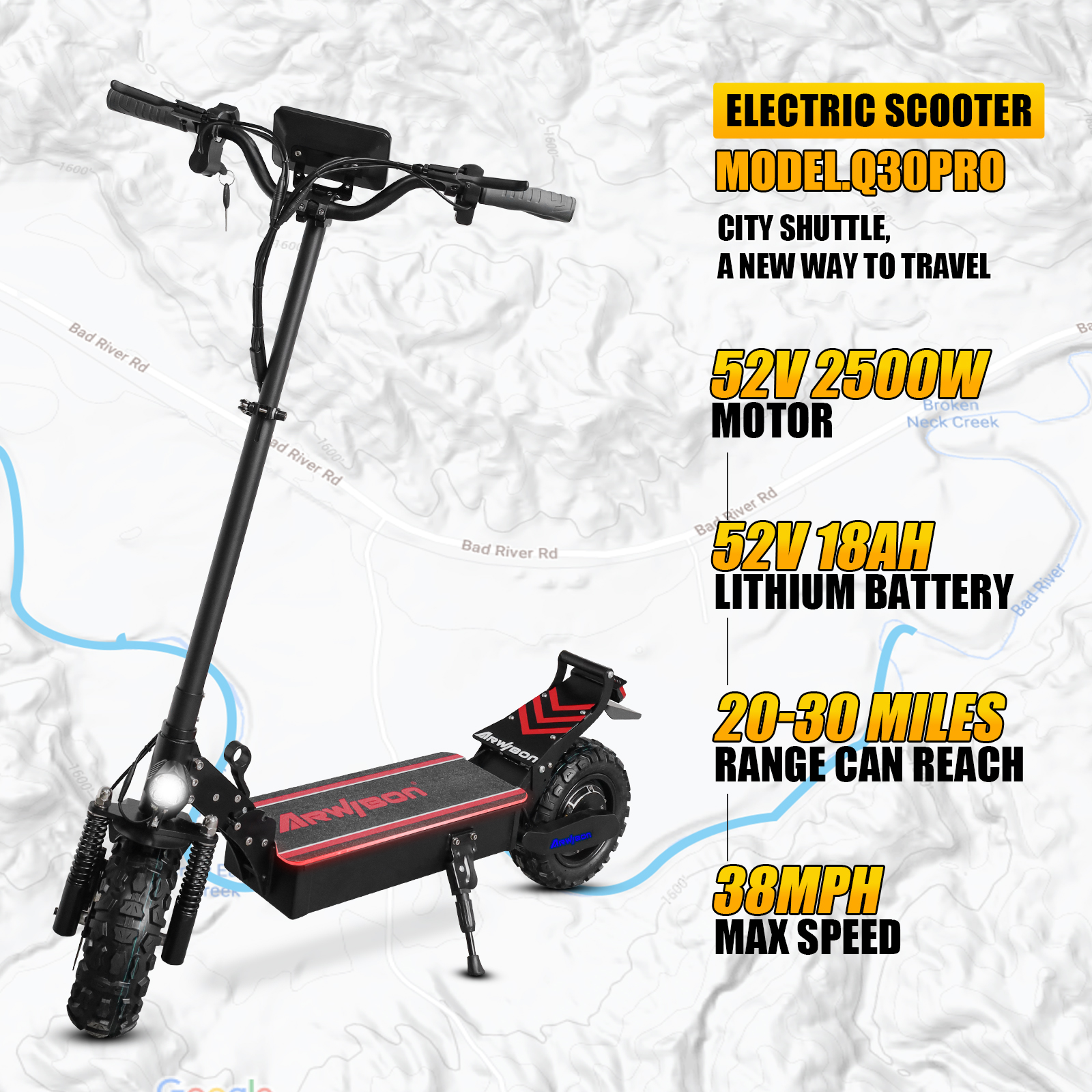 LISUEYNE Electric Scooter for Adults,2500W Motor Adults Kick Scooter,Up to 38 MPH & 20-30 Miles,52V/18AH,11'' Vacuum Off-Road Tire,Hydraulic Disc Braking,Adjustable Height,Folding Electric Scooter - image 3 of 9
