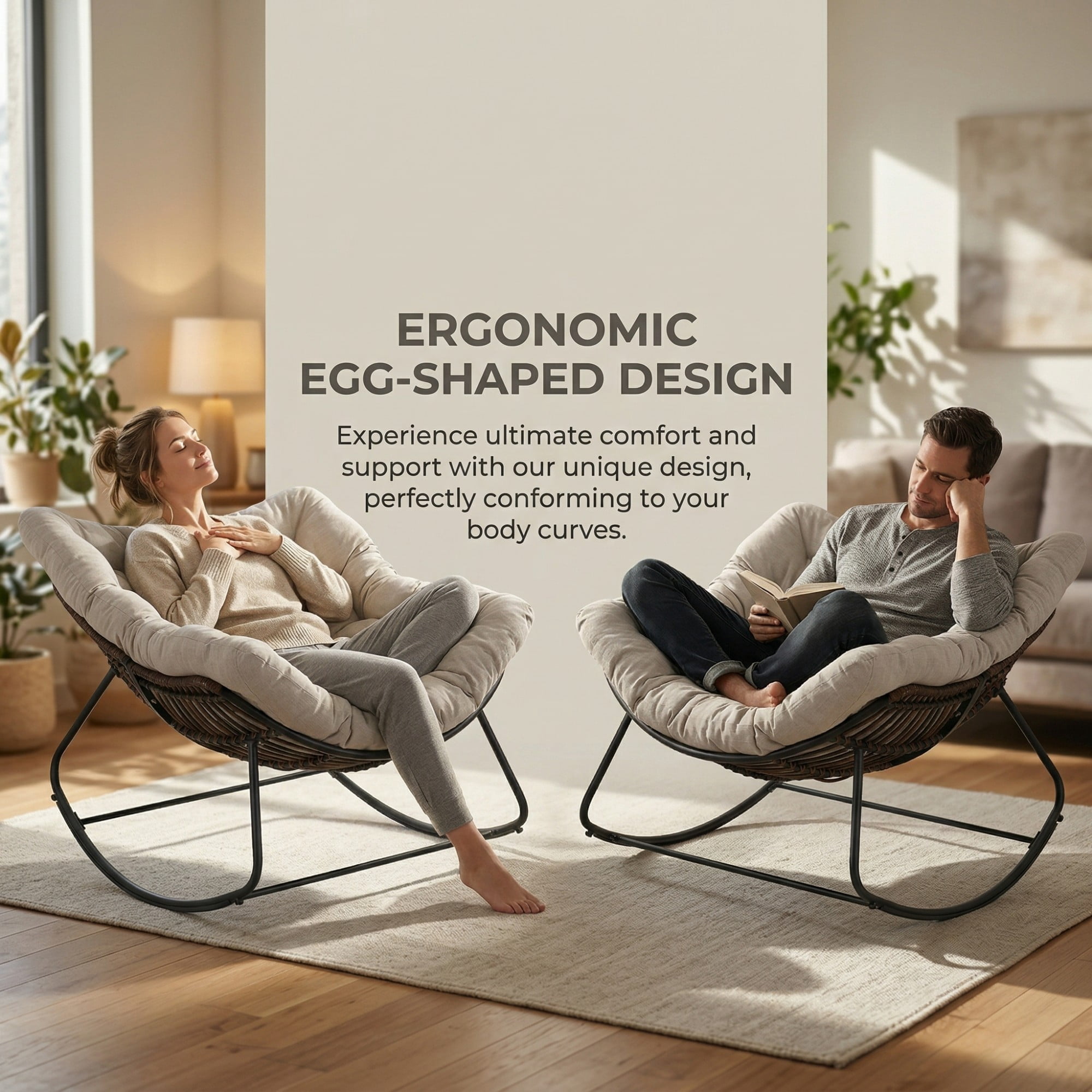 Outdoor Papasan Rocking Chair Oversized, Rattan Egg Rocker Chair with Padded Cushion, 400lbs Patio Wicker Rocking Chair for Living Room Porch Backyard, Light Gray